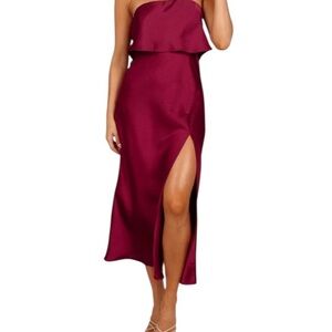 Petal & Pup Strapless Burgundy Maxi Dress with Side Slit Size L